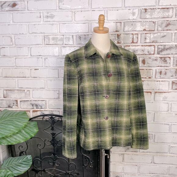 Vintage 90s Sag Harbor Green Plaid Womens Long Sleeve Button-down  Blazer Jacket - Picture 3 of 9